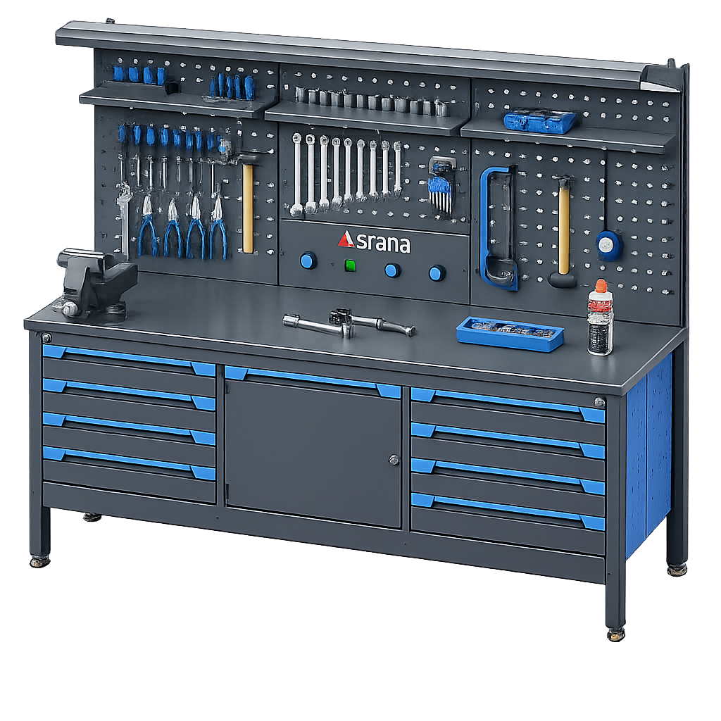 ASRANATEK Atelier Products - workshop workbench with tool pegboard and drawer cabinets